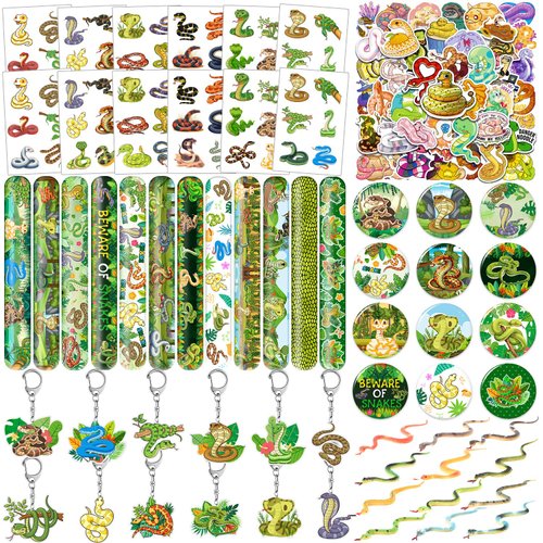 Lcnjscgo 110 Pcs Snake Party Favors, Snake Temporary Tattoos Slap Bracelets Keychains Stickers Badges Snake Toy for Snake Birthday Party Decorations Supplies Gifts for Kids Classroom Rewards