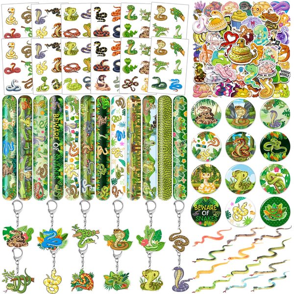 Lcnjscgo 110 Pcs Snake Party Favors, Snake Temporary Tattoos Slap Bracelets Keychains Stickers Badges Snake Toy for Snake Birthday Party Decorations Supplies Gifts for Kids Classroom Rewards
