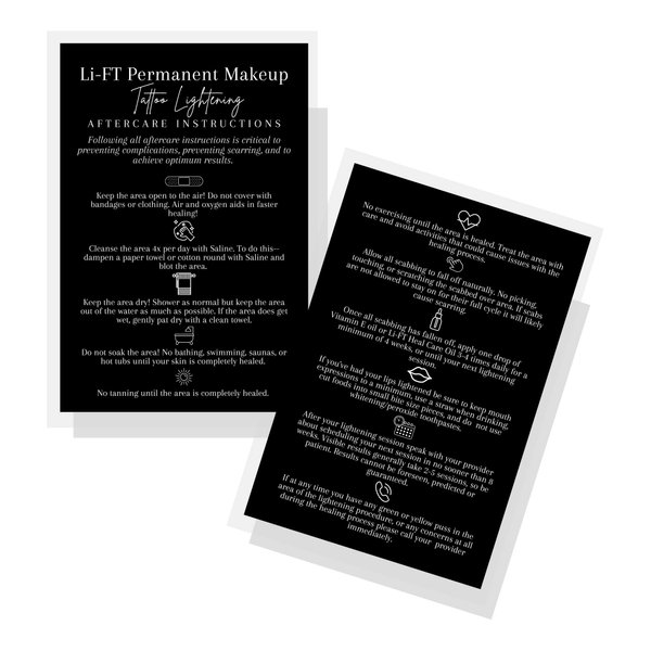 Permanent Makeup Tattoo Lightening Aftercare Cards | 30 Pack | 4x6” inch Postcards | Saline Tattoo Removal | Black with White Design