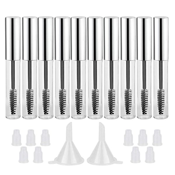 GTHER 10PCS 10ML Empty Mascara Tube Bottle with Eyelash Wand & Rubber Inserts & Funnels Set for Castor Oil/Eyelash Growth Oil, DIY Mascara Eyelash Cream Container with Cap, Silver