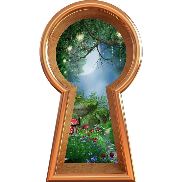 18" Bronze Keyhole 3D Window Wall Decal Enchanted Lantern Forest Wonderland Kids Room Decor Fantasy Mushroom Fairy Tale Removable Vinyl Wall Sticker - 18" Tall x 10.2" Wide