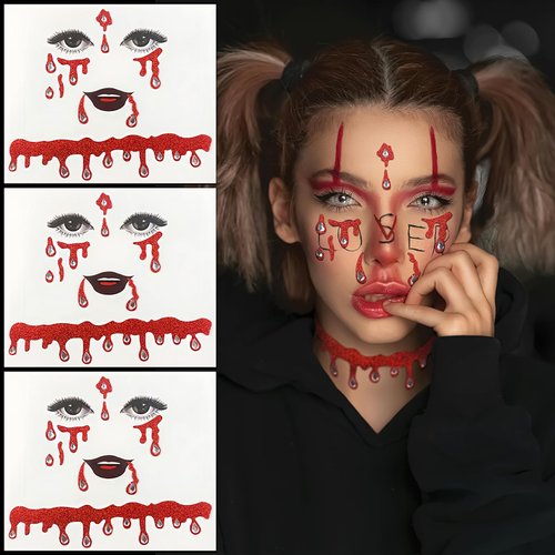 Vampire Face Jewels for Women Vampire Costume Face Jewels Stick on Scary Blood Rhinestone Gems Vampire Accessories Halloween Costumes for Women Girls 3Packs (Vampire red Rhinstone)