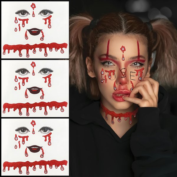 Vampire Face Jewels for Women Vampire Costume Face Jewels Stick on Scary Blood Rhinestone Gems Vampire Accessories Halloween Costumes for Women Girls 3Packs (Vampire red Rhinstone)