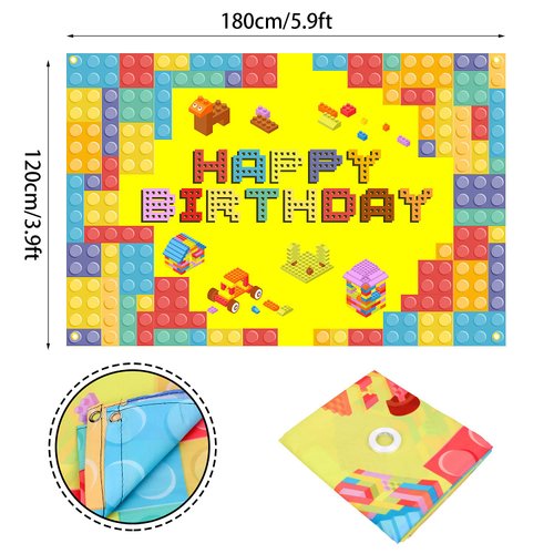 Colorful Building Blocks Birthday Banner Backdrop Build blocks Theme Background Bday Decorations for Boys Girls Kids Photography Party Sign Decor Supplies