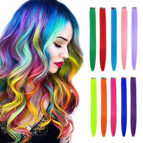 Meepo Curlable 10 Colors Hair Extensions Highlight Clip In Colored Hair Extensions Straight Colorful Single Hairpiece For Girls/Women/Kids 22 Inch Multi-Colors Synthetic Party Hair(10pcs/Set)