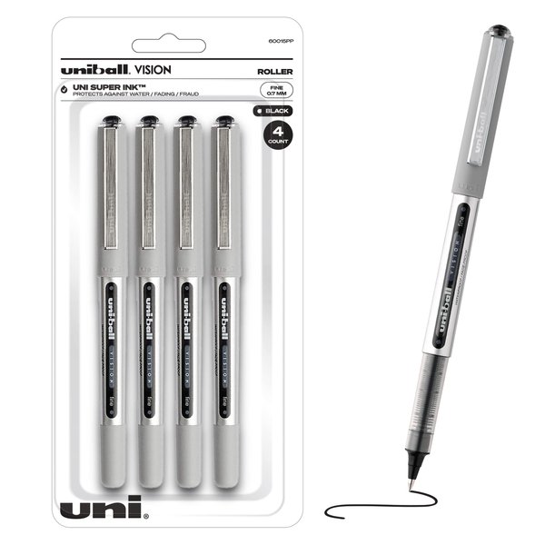 Uniball Vision Rollerball Black Pens Pack of 4 - Fine Point Journaling Pens, 0.7mm Medium Black Ink - Teacher Pen, Smooth Writing Japanese Pens, School Supplies