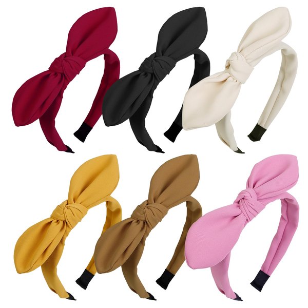6 Packs Bow Headbands for Women Girls Cute Knotted Tie Head Bands for Women’s Hair Bows Bunny Ear Turban Headband with Bow Wide Retro Solid Color Hairbands Hair Accessories