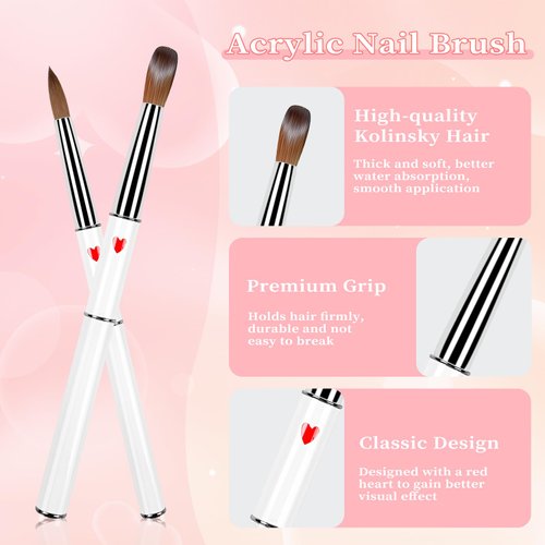 ANGNYA 100% Kolinsky Acrylic Nail Brush, Professional Nail Brushes for Acrylic Application Nail Extension with Hearts on White Handle Nail Art Brush Manicure for Women for DIY Home Salon Size 16