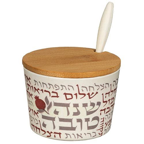 Ayuni Gifts of the World Rosh Hashana Eco Friendly Bamboo Honey Server for Jewish New Year (Blessings in Red)