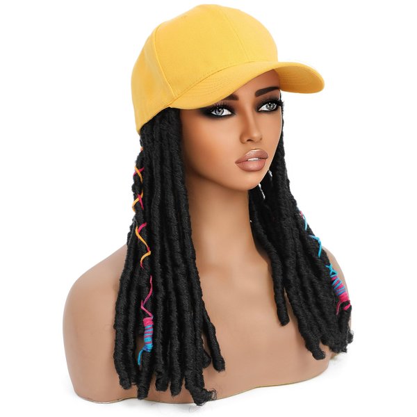YOUGRACE Baseball Cap Wig with Crochet Faux Locs, Dreadlock Crochet Hair Wig, Straight Faux Locs Crochet Hair Soft Braid Hat Wig(Yellow-Black)