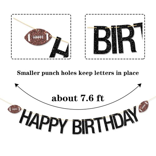 RoadSea Football Happy Birthday Banner - Sport Theme Football Player Birthday Garland Bunting Supplies - Football Enthusiast Birthday Party Decorations - Black Glitter