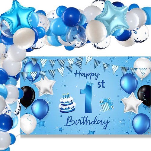 1st Birthday Decorations First Birthday Boy Backdrop 88 Pcs Blue Baby Boy First Birthday Party Supplies with Banner Foil Star Balloons Set for 1st Birthday Baby Shower Party Decorations Supplies