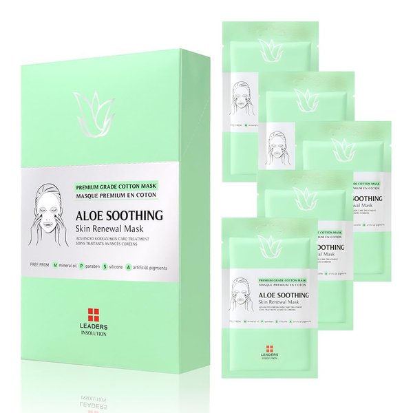Leaders Insolution Aloe Soothing Skin Renewal Mask | Organic Aloe Leaf & Cactus Extract Hydrating Facial Treatment for Sensitive, Dry, Acne-Prone Skin | UV Repair & Hydration Boost (5 Sheets)