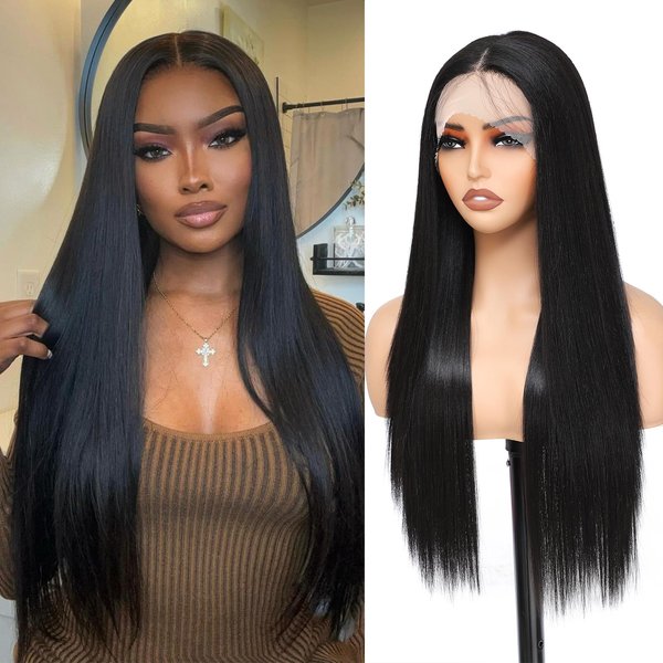 X-TRESS Black Synthetic Lace Front Wigs,Wear and Go Straight Pre Plucked Natural Hairline Wig for Women, HD Glueless Wigs with Baby Hair,13X4X1 HD Lace Front Wigs 26Inch Natural Black（26 Inch,1B）