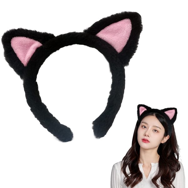 AEGYPIUS Cat Ears Headbands, Plush Cute Cat Ears Headband Washing Face Headbands, Cat Ear Headband, Cat Ears Hair Headbands, Makeup Headbands Soft Cute for Makeup, Shower, Teen Girls & Women (Black)