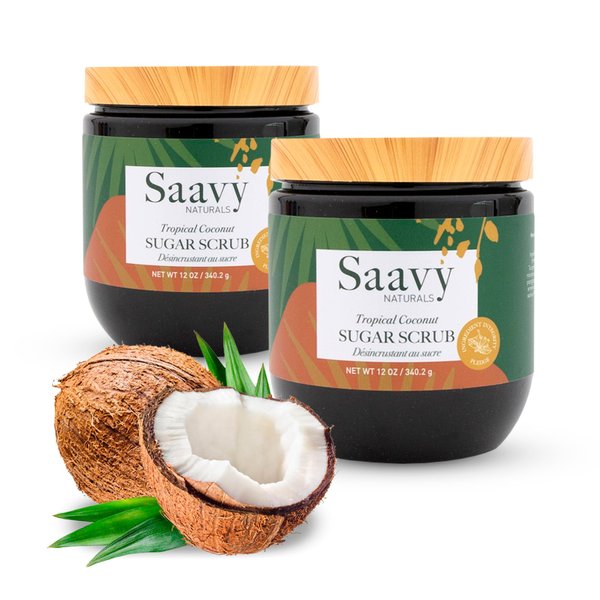 Saavy Naturals Tropical Coconut Sugar Scrub, Relaxing Tropical Scented Body Sugar Scrub Exfoliator, Vegan Natural Body Scrub with Vitamin E, Luxe Coconut Scrub Gift Set, 2 Pack