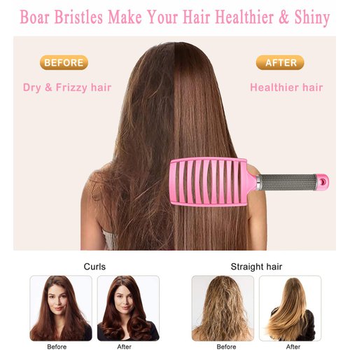 KTKUDY Detangling Brush Boar Bristles Hair Brush Make Hair Shiny & Healthier Curved and Vented Detangler Brush for Women Men Kids Wet & Dry Hair (Pink)