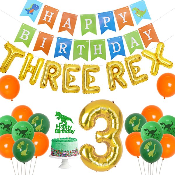 Dinosaur Birthday Decorations for Boy Three Rex Birthday Decorations Dinosaur Party Supplies 3 Year Old - Three Rex Balloons Dinosaur Cake Topper Happy Birthday Banner