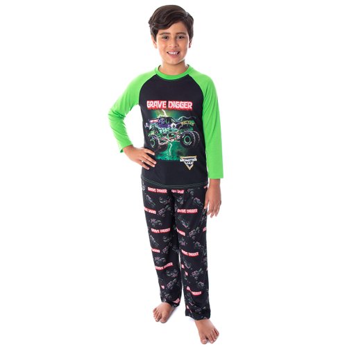INTIMO Monster Jam Boys' Grave Digger Monster Truck Raglan Shirt And Pants 2 Piece Pajama Set (SM, 6/7)