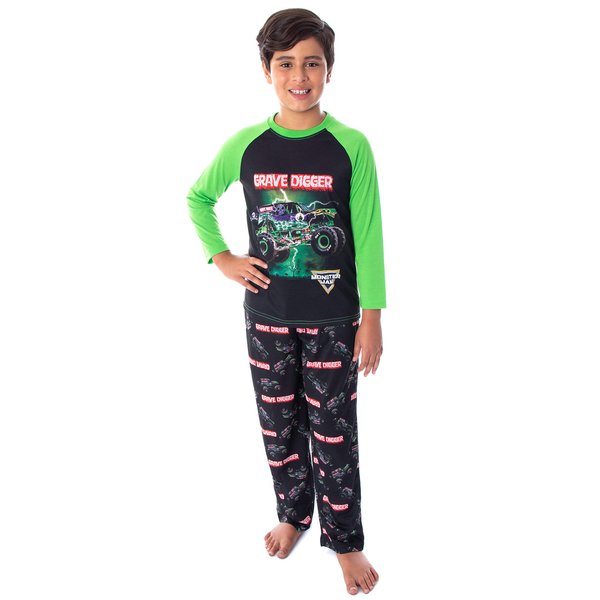INTIMO Monster Jam Boys' Grave Digger Monster Truck Raglan Shirt And Pants 2 Piece Pajama Set (SM, 6/7)