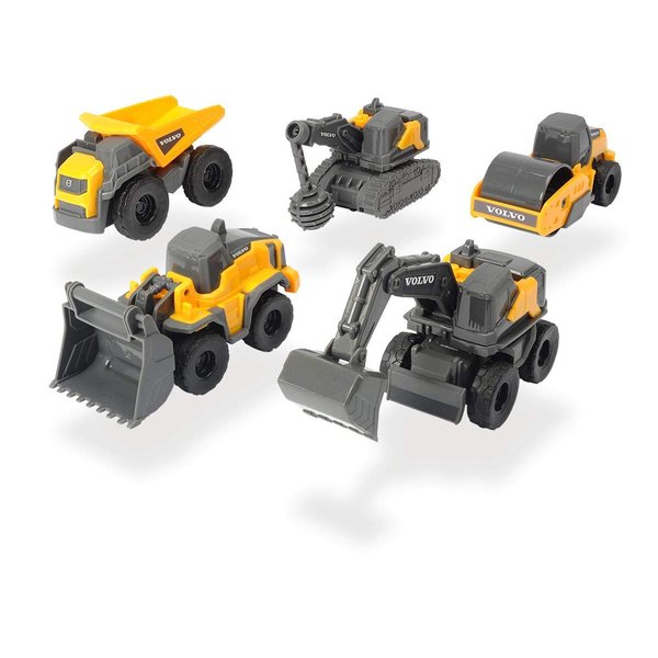 Dickie Toys 203722008 Volvo Micro Workers, 5-Piece Toy Set, Excavator, Construction Site Set, Construction Vehicles, Construction Site Vehicles, Gift Set, for Children from 3 Years, Yellow/Grey
