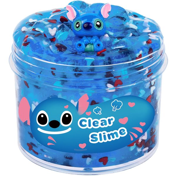 Blue Clear Slime Pink Heart Add Ins, Jelly Slime Scented Crystal Water Slime Stretchy Slime Soft Putty, Big Slime Stress Relief Toy for Girls Boys Kids Birthday Party Favors 7OZ 200ML