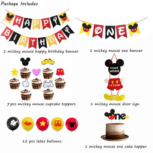 Mickey First Birthday Decorations, Mickey Happy Birthday Banner, Mickey One Banner, Mickey One Cake Topper, Baby Gilr Boy Mickey 1st Birthday Party Supplies.