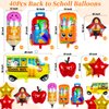40 Pcs Back to School Foil Balloons, Colorful Apple Pencil Crayon Bus Helium Balloon, School Mylar Balloons for Party Supplies