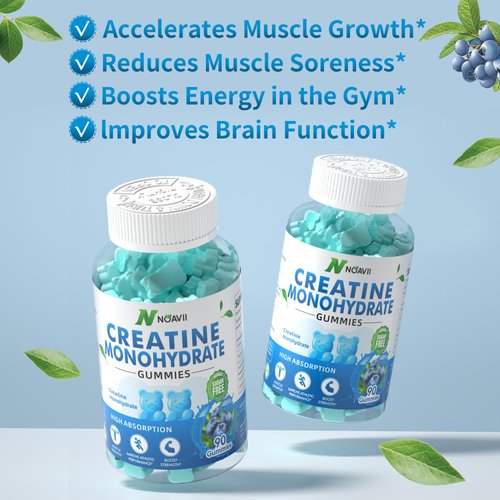 NOAVII Creatine Monohydrate Gummies 5000mg for Men & Women, Chewables Creatine Monohydrate for Muscle Strength, Muscle Builder, Energy Boost, Pre-Workout Supplement(90 Count)-Blueberry