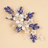 BERYUAN Silver Flower Blue Crystal Rhinestone Hair Comb Pearls Teardrop Rhinestone Hair Piece Wedding Headband Pearls Flower Hairpiece for Wedding Women and Girls (BLUE)
