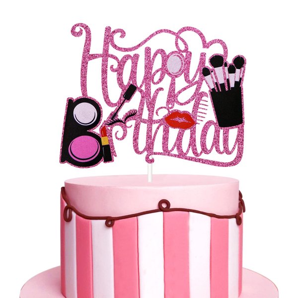 Makeup Happy Birthday Cake Topper, Spa Themed Birthday Party Decorations, Girl Women Bday Dessert Decor Supplies, Makeup Tool Sign, Pink Glitter
