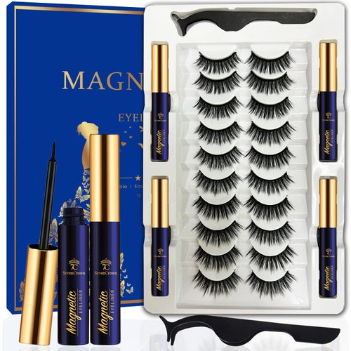 7C SevenCrown Magnetic Eyelashes Magnetic Lashes Natural Looking,10 Pairs Reusable Wispy Magnetic Eyelash kit with Applicator - Upgraded Long Lasting,- Easy Magnetized Eyelashes (4 Tube of Liner)