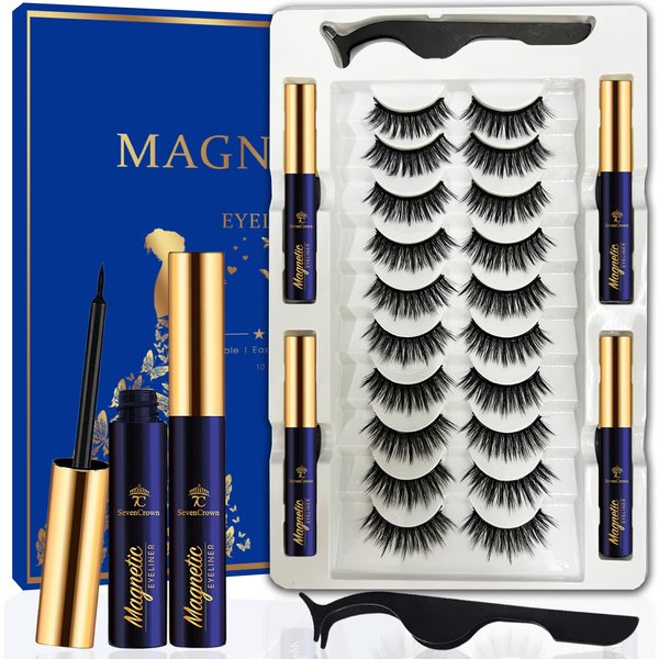 7C SevenCrown Magnetic Eyelashes Magnetic Lashes Natural Looking,10 Pairs Reusable Wispy Magnetic Eyelash kit with Applicator - Upgraded Long Lasting,- Easy Magnetized Eyelashes (4 Tube of Liner)