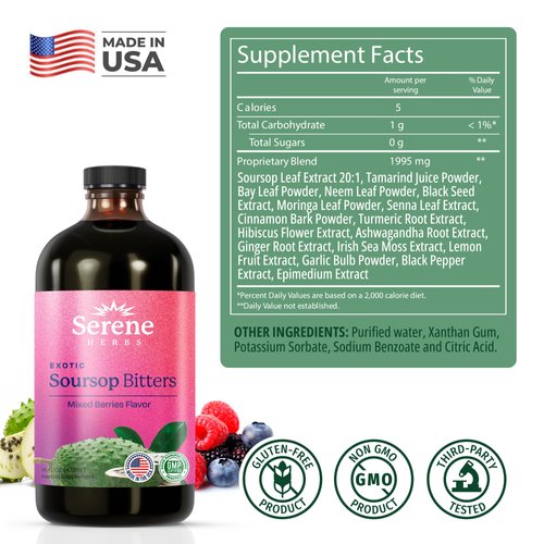 Serene Herbs Soursop Bitters Liquid - Organic Herbal Sour Sop Guanabana with Black Seed, Moringa, Irish Moss & Ginger – Gut Support, Energy & Immune Boost – Vegan, Non-GMO – Mixed Berry Flavor – 16 oz