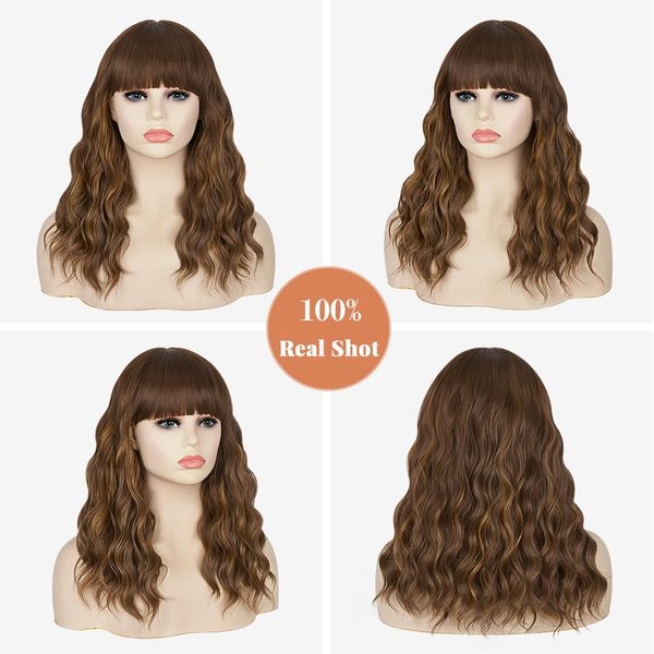 Ninroc Brown Wavy Wig with Bangs, 16 inch Shoulder Length Brown Mixed Blonde Bob Wigs for Women, Synthetic Wig Natural Looking Wigs For Daily Party Use