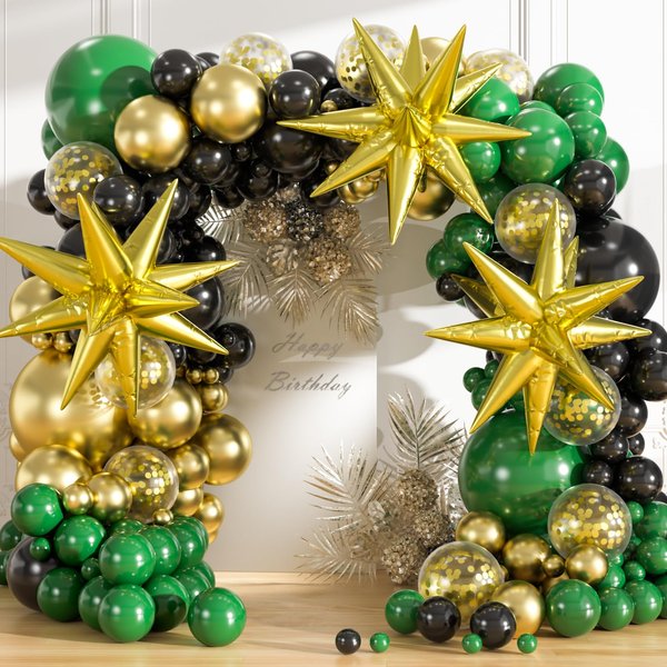 201pcs Dark Green Black Gold Balloon Garland Arch Kit for Men Women with 27inch Big Gold Starburst Foil Balloons for Birthday Halloween Jungle Theme Party Supplies