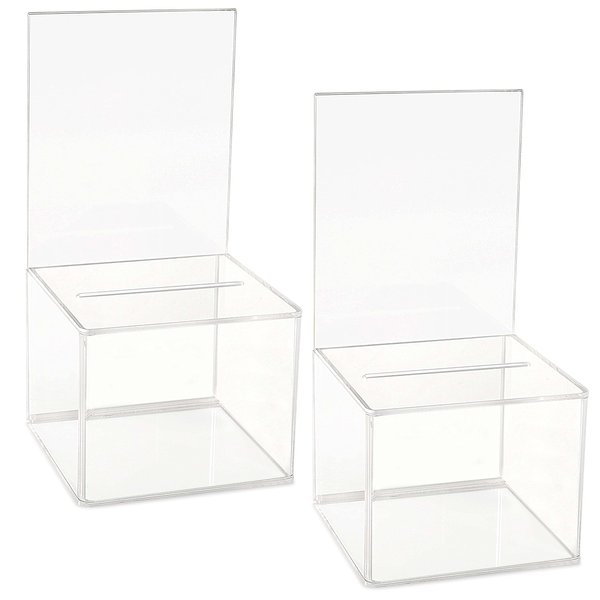 Acrylic Charity Donation Ballot box Fundraising Coin collection Tip box 5" x 5" x 4" office Suggestion Box Piggy Bank ticket bucket with 4" x 6" Sign Poster Display area(2 Pack)