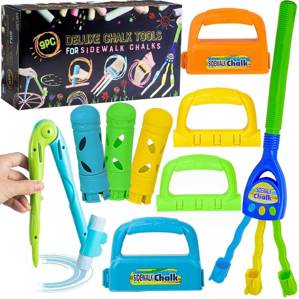 Beroxii Sidewalk Chalk Holders, 9 PCS Outdoor Chalk Play Tools, Adjustable Jumbo Chalk Rake, Chalk Clip, Sidewalk Chalk Accessories Toys Set for Kids Adults Toddlers Teachers Office Classroom and Wall
