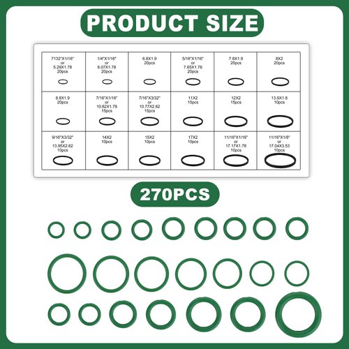 270pcs Sealing Gasket Washers, 18 Sizes Car Air Conditioning O-Ring Assortment Set Rubber O Ring Assorted Auto AC O Ring Kit for Tap Plumbing Faucet Air Conditioner A/C Automotive Repair(Green)