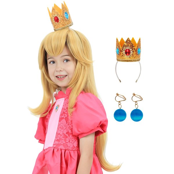 Bettecos Kids Girls Blonde Princess Cosplay Wig with Crown and Earrings Long Golden Wavy Peach Costume Wigs Accessories for Halloween Party