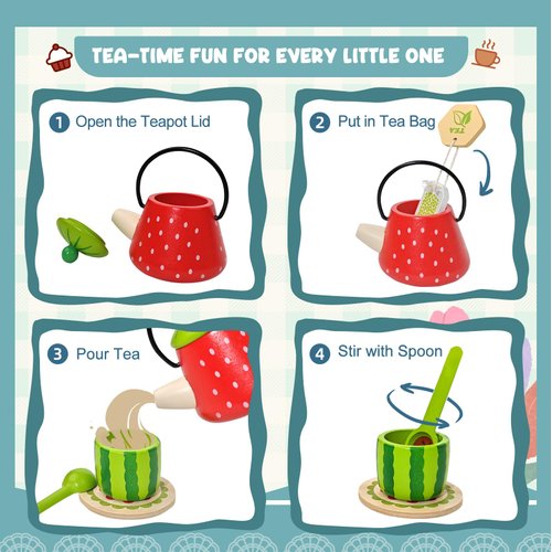 edutree Wooden Tea Party Set for Little Girls with Handbag, Pretend Play Food Toys Kitchen Accessories Playset for Kids Toddlers 2 3 4 5