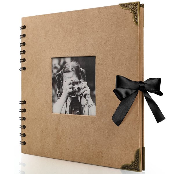Scrapbook Photo Album - 8 x 8 inch, 60 Pages, Kraft Paper, Ribbon, Corner Protectors, Suitable for Travel, Graduation, Memories