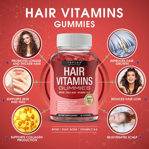 Hair Vitamins Gummies Supplement – Faster Hair Growth Gummy 5000mcg Biotin, Folic Acid, Vitamin C & E, Support Stronger & Thicker Hair, Skin, Nails, Non-GMO, for Men Women, 60 Berry Flavored Gummies