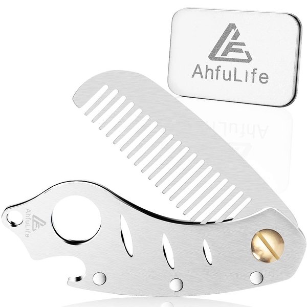 Stainless Steel Metal Hair & Beard Comb, AhfuLife Multifunctional Folding EDC Pocket Comb With Bottle Opener Fits In Keychain - Anti-Static Hair & Beard Care Comb Mustache Comb - Presented in Gift Box