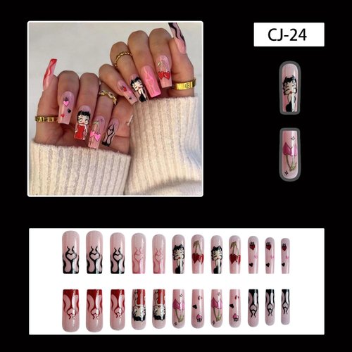 Halloween Press on Nails Long Fake Nails with Stars Hearts Spider Web Sweet Young Acrylic Nails Pink Flash White French Tip Stick on Nails Artificial Nails for Women Girls 24pcs