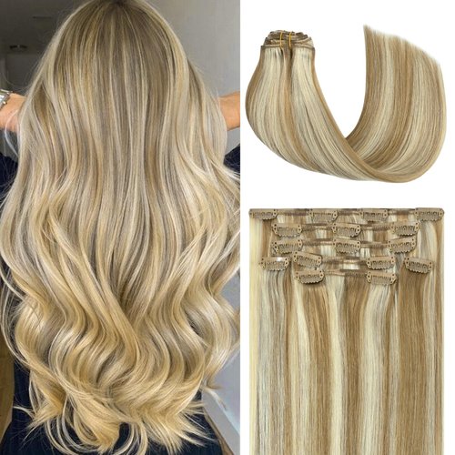 Honsoo Clip In Virgin Hair Extensions 18inch 70g Real Human Hair Extensions Balayage Straight Silky Mixed Bleach Blonde Real Human Hair For Women Natural Hair Clip in Hair Extensions