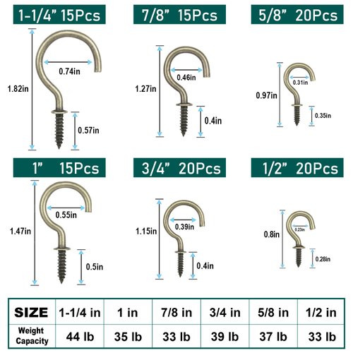 EIENHOSHI Cup Hooks, Bronze, Screw in Hooks Kit for Hanging(1/2", 5/8", 3/4", 7/8", 1'', 1-1/4") - 105 Pcs