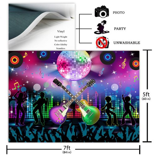 Avezano Karaoke Party Decor Rock and Roll Backdrop Hip Pop Theme Birthday Party Decorations Back to 70s 80s 90s Disco Party Photography Background for Adults Let's Glow Neon Dance Banner (7x5ft)