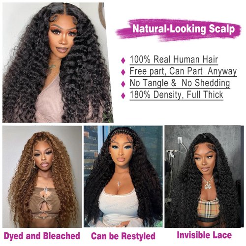 WENONE 13x6 Deep Wave Lace Front Wigs Human Hair 180 Density HD Full Lace Frontal Wigs Pre Plucked Bleached Knots Curly Human Hair Wig with Baby Hair 28 Inch Wigs for Black Women