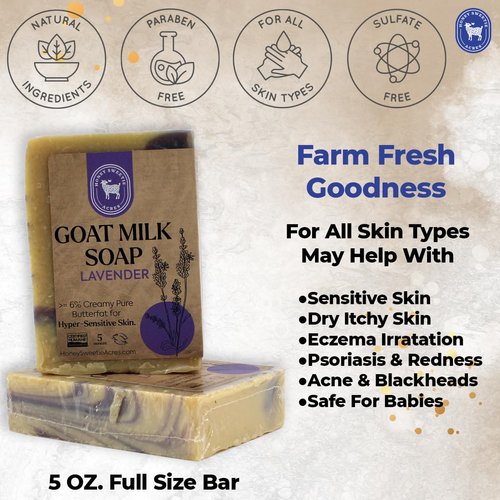 Honey Sweetie Acres Handmade Lavender Goat Milk Soap - Luxurious Hydrating Body Bar - 5 oz - Sourced from French Lavender, Crafted in the USA